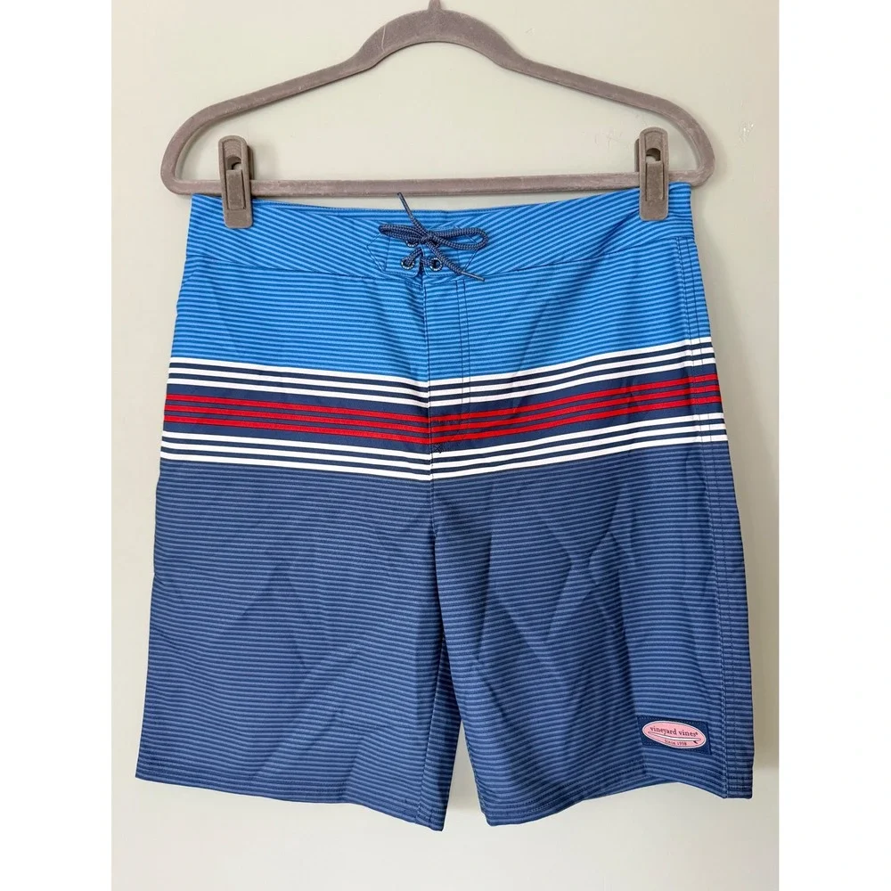 Vineyard Vines Unlined Boardshorts Bathing Suit Blue Red Stripes Boys Size XL/18